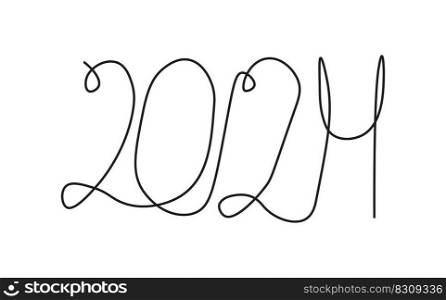 2024 continuous one line. Thin line art freehand font, single outline drawing or simple logo. Vector illustration