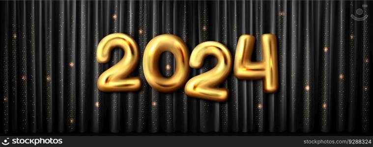 2024 gold new year 3d vector background design. Golden luxury chrome typography number on elegant silk drapery fabric. Realistic glitter splatter on glossy fold fabric with exclusive typeface header. 2024 gold new year 3d vector background design