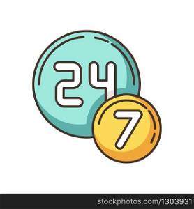 24 7 circle badge RGB color icon. Twenty four seven hours round sign. Always available service. All week open store. Commerce and retail industry badge. Isolated vector illustration