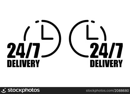 24/7 delivery icon. Two information sign. Clock symbol. Arrow element. Service concept. Vector illustration. Stock image. EPS 10.. 24/7 delivery icon. Two information sign. Clock symbol. Arrow element. Service concept. Vector illustration. Stock image.