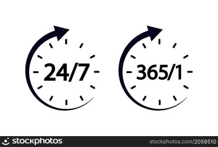 24/7 hour clock icon. 24/7 hrs and 365 day open, service and support. 24h call center for customer and help. Symbol of helpline, assistance and delivery. Round line sign. Vector.
