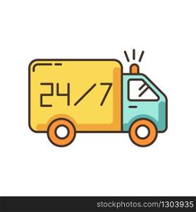 24 7 hour delivery RGB color icon. Fast twenty-four seven shipping. Everyday shipping car. Transportation truck. Around the clock service. Retail industry. Isolated vector illustration