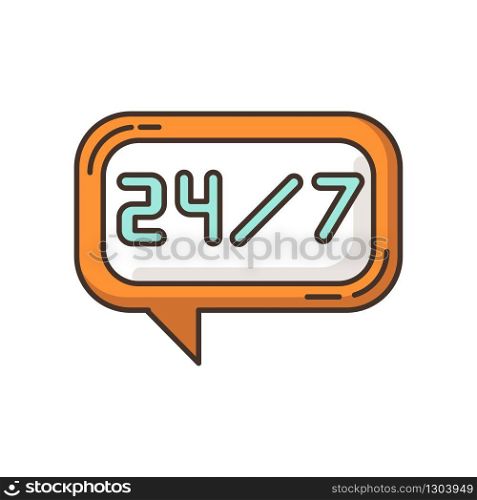 24 7 hour online chat RGB color icon. Twenty four seven hours call center. Everyday helpline. Always available helpdesk. Psychological support 24 7 hrs. Isolated vector illustration