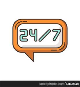 24 7 hour online chat RGB color icon. Twenty four seven hours call center. Everyday helpline. Always available helpdesk. Psychological support 24 7 hrs. Isolated vector illustration