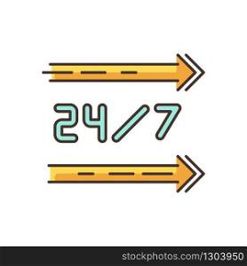 24 7 hour service RGB color icon. Straight lines on sign. All day open store direction. Arrows point left. Twenty four seven available store. Everyday open shop. Isolated vector illustration