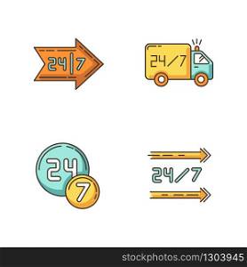 24 7 hour service RGB color icons set. All day available delivery truck. Around the clock open convenience store. Arrow sign point direction. 24 hrs shop. Isolated vector illustrations