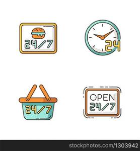 24 7 hour service RGB color icons set. Everyday open burger cafe. 24 hrs available restaurant. Open twenty four seven hours. Convenience store sign. Commerce industry. Isolated vector illustrations