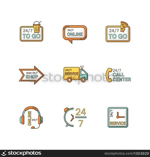 24 7 hour service RGB color icons set. Online 24 hrs customer support. Everyday available delivery. Transportation truck sign. Around the clock open bar and pizzeria. Isolated vector illustrations