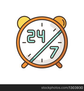 24 7 hours service RGB color icon. Alarm clock for highly available center. Everyday open sign. Watch dial with numbers. 24 hours online support. Retail signage. Isolated vector illustration