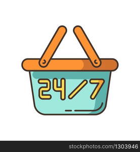 24 7 hours store RGB color icon. Twenty four seven convenience store. 24 hrs retail shop. Supermarket basket sign. Buy product everyday. Commerce industry signboard. Isolated vector illustration