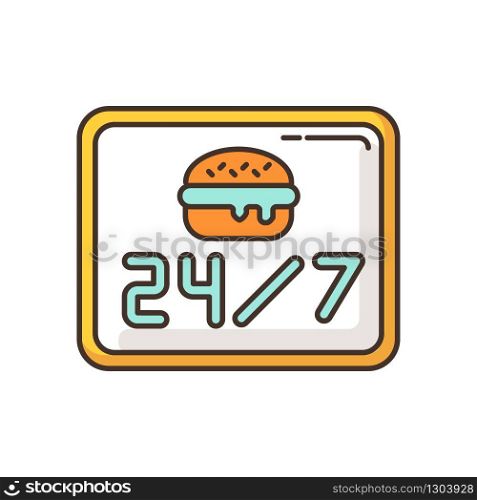 24 7 open burger joint RGB color icon. Twenty four seven cantine. Everyday eatery menu. 24 hrs fast food. Around the clock working hours. All week open cafe. Isolated vector illustration