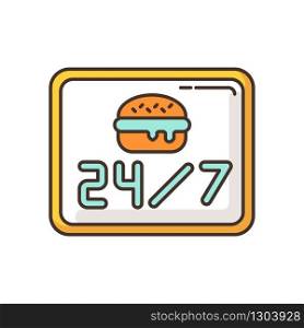 24 7 open burger joint RGB color icon. Twenty four seven cantine. Everyday eatery menu. 24 hrs fast food. Around the clock working hours. All week open cafe. Isolated vector illustration
