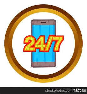 24 7 phone support vector icon in golden circle, cartoon style isolated on white background. 24 7 phone support vector icon