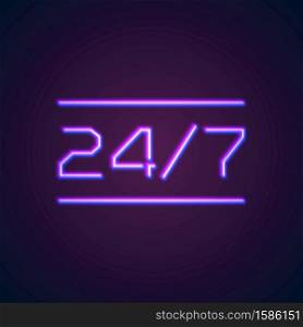 24/7 round hour open neon sign with glowing purple and blue lights