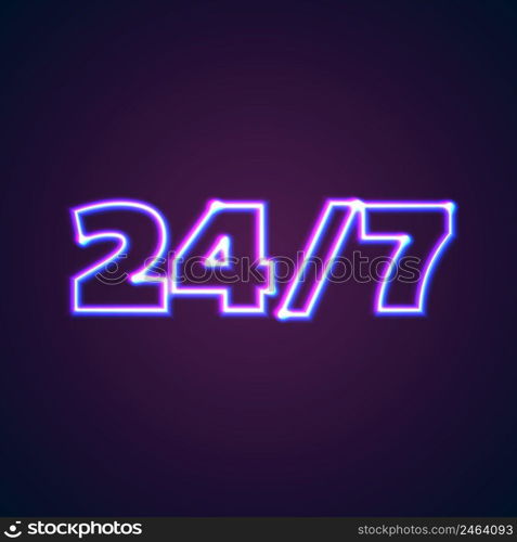 24/7 round hour open neon sign with glowing purple and blue lights