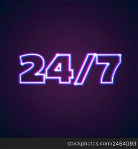 24/7 round hour open neon sign with glowing purple and blue lights