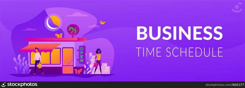 24 7 service, business time schedule, extended working hours and any time available service. Vector banner template for social media with text copy space and infographic concept illustration.. 24 7 service web banner concept.