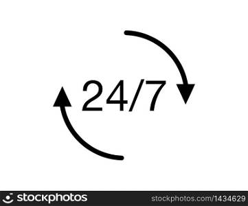 24/7 service isolated icon. Symbol of always opened shop and store. Illustration of business help center which works anytime. Circle icon with arrows and twenty four seven. Vector EPS 10