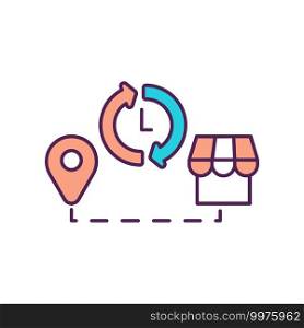 24 7 shipment from warehouse RGB color icon. Goods delivery. Shipping from store. Logistic for order distribution. Smart shopping. GPS mark for destination. Isolated vector illustration. 24 7 shipment from warehouse RGB color icon