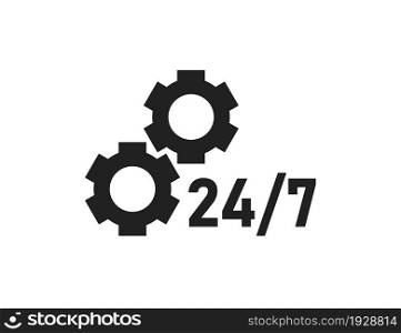 24/7 support icon. Service, gear symbol. Hour open, work logo in vector flat style.