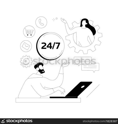 24 for 7 service abstract concept vector illustration. 24-7 technical support, emergency line, all-day assistance, business time schedule, extended working hours, call center abstract metaphor.. 24 for 7 service abstract concept vector illustration.