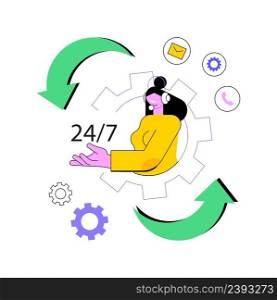 24 for 7 service abstract concept vector illustration. 24-7 technical support, emergency line, all-day assistance, business time schedule, extended working hours, call center abstract metaphor.. 24 for 7 service abstract concept vector illustration.