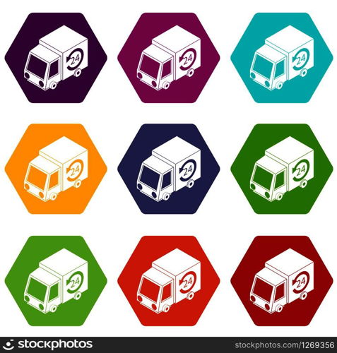 24 hour delivery icons 9 set coloful isolated on white for web. 24 hour delivery icons set 9 vector