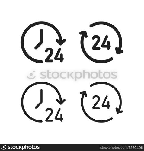 24 hour icon. Always open symbol set. Service logo in vector flat style.