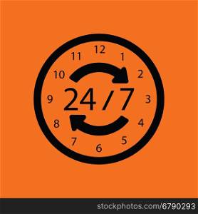 24 hour icon. Orange background with black. Vector illustration.