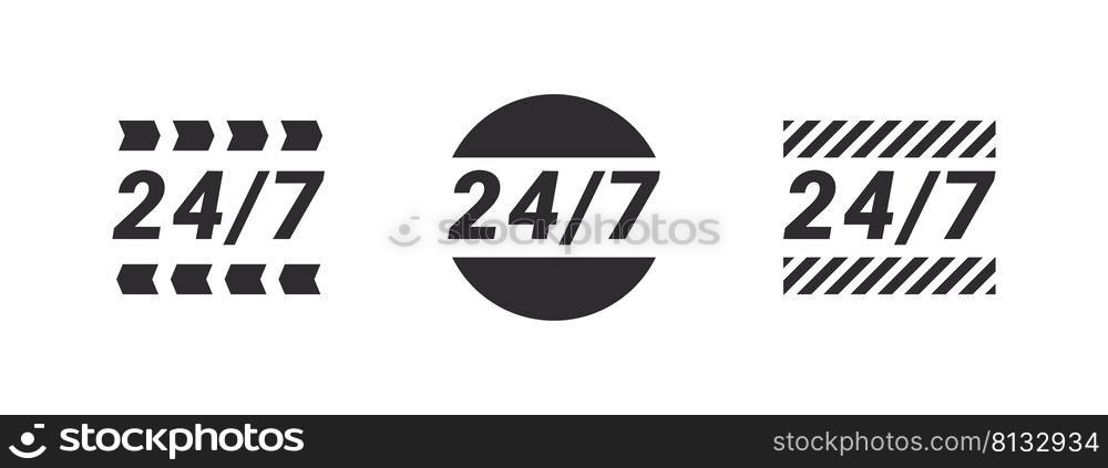24 hour service icons. 24 hours 7 days in week support icons. Conceptual vector images