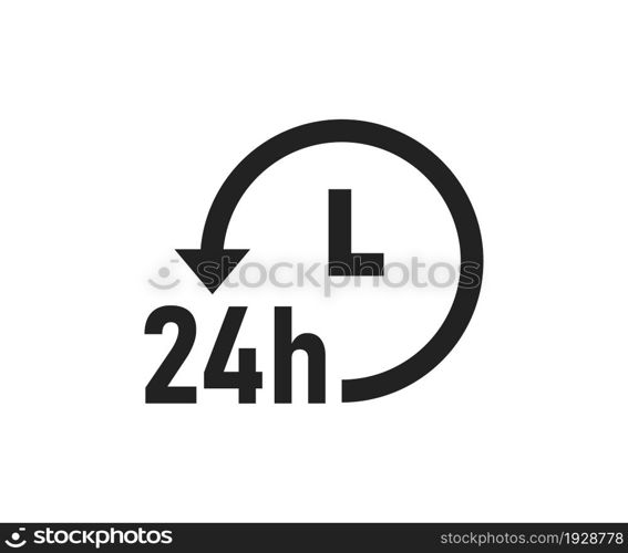 24 hour service logo. 24h delivery icon. Always open symbol. Support online in vector flat style.