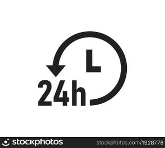 24 hour service logo. 24h delivery icon. Always open symbol. Support online in vector flat style.
