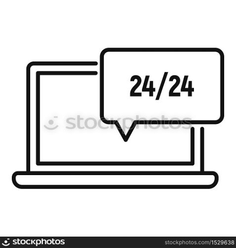 24 hour service support icon. Outline laptop, 24 hour service support vector icon for web design isolated on white background. 24 hour service support icon, outline style