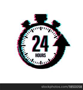 24 hours clock arrow. Glitch icon. Work time effect or delivery service time. Vector stock illustration. 24 hours clock arrow. Glitch icon. Work time effect or delivery service time. Vector stock illustration.