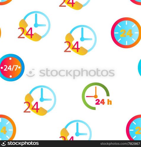 24 Hours, Clock, Time Vector Color Icons Seamless Pattern. 24 Hours Customer Service, Online Support Linear Symbols Pack. Convenience Store Logo. All Day Open Shop, Call Center Illustrations. 24 Hours, Clock, Time Vector Seamless Pattern