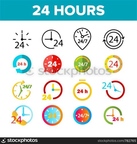 24 Hours, Clock, Time Vector Color Icons Set. 24 Hours Customer Service, Online Support Linear Symbols Pack. Convenience Store Logo. All Day Open Shop, Call Center Isolated Flat Illustrations. 24 Hours, Clock, Time Vector Color Icons Set