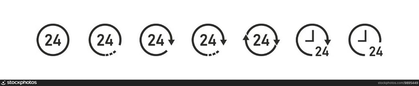 24 hours icons set. Vector time clock and arrow symbol, black icon