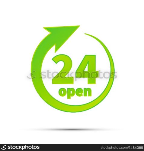 24 hours open, bright green simple icon isolated on white. 24 hours open, bright green simple icon on white
