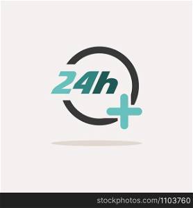 24 hours pharmacy services. Icon with shadow on a beige background. Medicine flat vector illustration