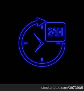 24 hours service neon sign. Bright glowing symbol on a black background. Neon style icon.