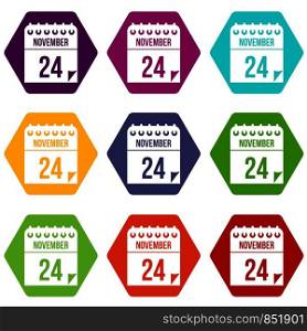 24 november calendar icon set many color hexahedron isolated on white vector illustration. 24 november calendar icon set color hexahedron