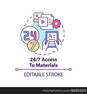 24 to 7 access to materials concept icon. Online language courses idea thin line illustration. Digital learning. Access ebooks, databases. Vector isolated outline RGB color drawing. Editable stroke. 24 to 7 access to materials concept icon