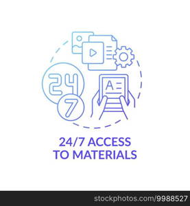24 to 7 access to materials concept icon. Online language courses idea thin line illustration. Access ebooks. Reviewing course material. 24 hour library. Vector isolated outline RGB color drawing. 24 to 7 access to materials concept icon