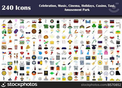 240 Icons Of Celebration, Music, Cinema, Holidays, Casino, Taxi, Amusement Park. Flat Design. Fully editable vector illustration. Text expanded.