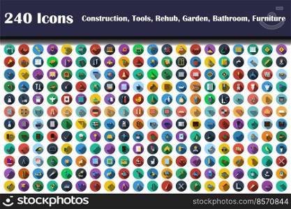 240 Icons Of Construction, Tools, Rehub, Garden, Bathroom, Furniture. Flat Design With Long Shadow. Vector illustration.