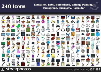 240 Icons Of Education, Baby, Motherhood, Writing, Painting, Photograph, Chemistry, Computer. Editable Bold Outline With Color Fill Design. Vector Illustration.