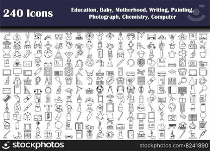 240 Icons Of Education, Baby, Motherhood, Writing, Painting, Photograph, Chemistry, Computer. Bold outline design with editable stroke width. Vector Illustration.