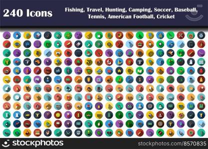 240 Icons Of Fishing, Travel, Hunting, C&ing, Soccer, Baseball, Tennis, American Football, Cricket. Flat Design With Long Shadow. Vector illustration.