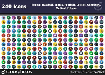 240 Icons Of Soccer, Baseball, Tennis, Football, Cricket, Chemistry, Medical, Fitness. Flat Design With Long Shadow. Vector illustration.