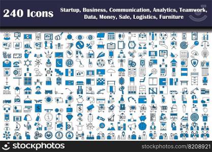 240 Icons Of Startup, Business, Communication, Analytics, Teamwork, Data, Money, Sale, Logistics, Furniture. Editable Bold Outline With Color Fill Design. Vector Illustration.